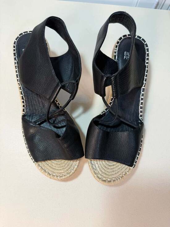 Eileen Fisher Shoes - Eileen Fisher Black Leather Espadrille Wedge Sandals Size 8.5